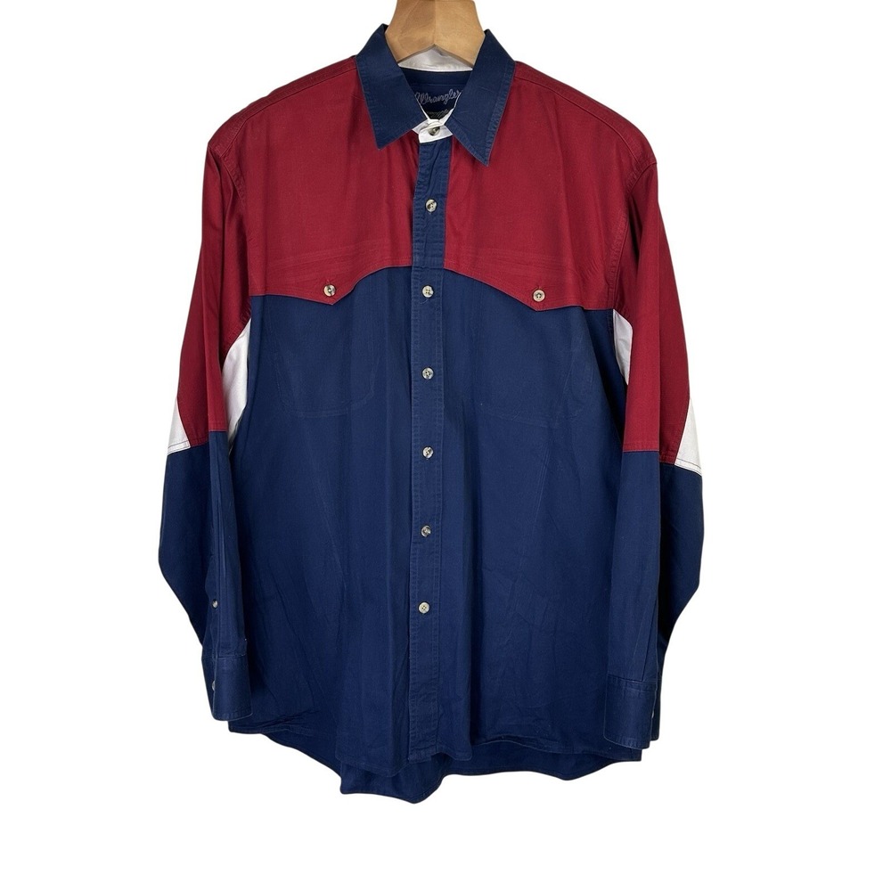 Wrangler Western Shirt Mens Large Red Navy Blue Colorblock Long Sleeve Button Up
